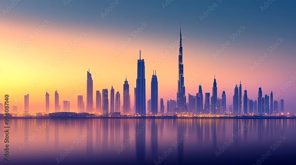 A panoramic view of the Dubai skyline at sunset, showing the iconic skyscrapers and busy highways. A panoramic view of the Dubai skyline at sunset, showing the iconic skyscrapers and busy highways.