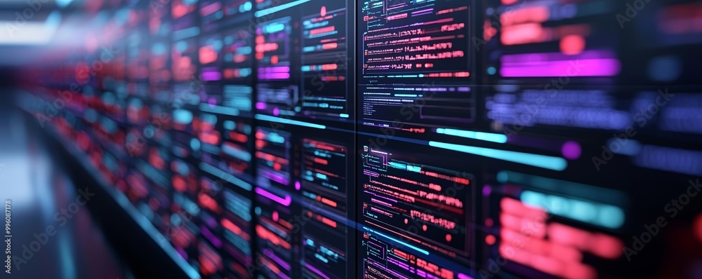 CMS data processing, futuristic panels displaying real-time analytics in glowing red, purple, and blue hues, reflecting digital content flow CMS data processing, futuristic panels displaying real-time analytics in glowing red, purple, and blue hues, reflecting digital content flow