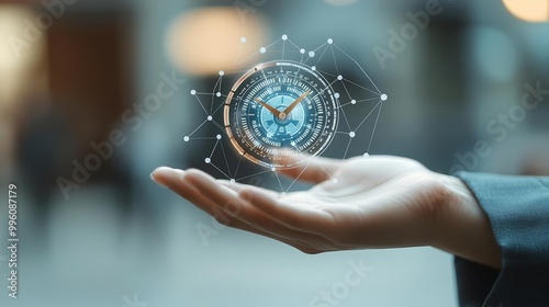 Conceptual image of time management, digital clock floating in hand with connected data points and virtual clockwork photo