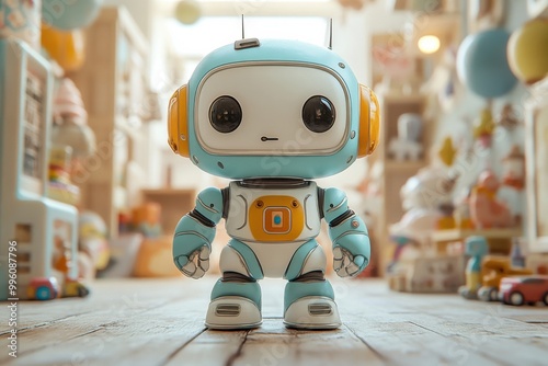 An adorable, small robot stands in a toy-filled room, exuding charm and curiosity with its large, expressive eyes.