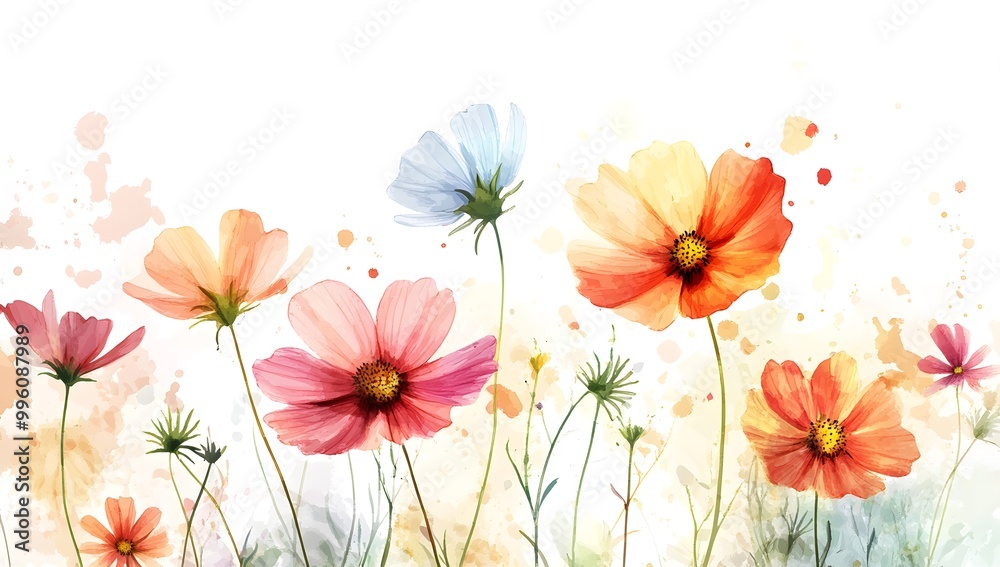 Beautiful pink cosmos flowers with a watercolor painting effect on a white background, Beautiful pink cosmos flowers with a watercolor painting effect on a white background,