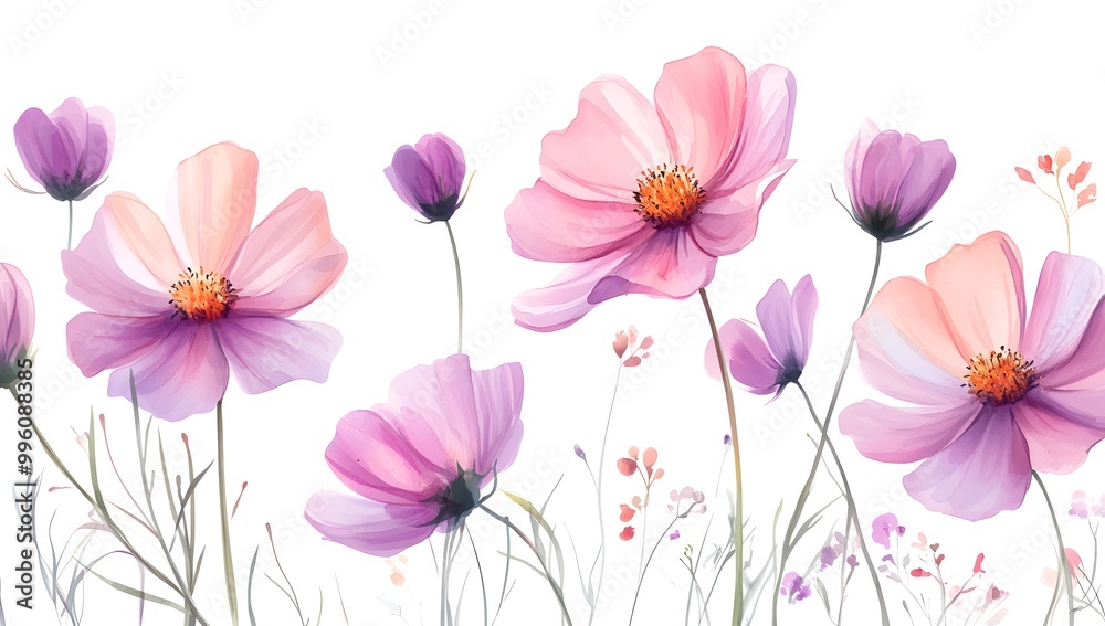 Beautiful pink cosmos flowers with a watercolor painting effect on a white background, Beautiful pink cosmos flowers with a watercolor painting effect on a white background,