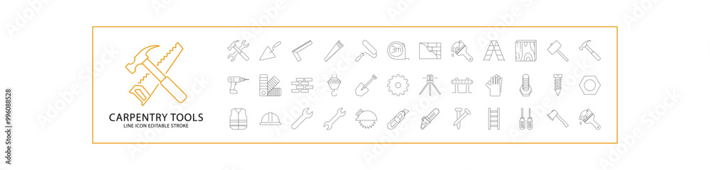 Carpentry Tools Icon Set. Carpentry Tools Line Icons. Containing hammer, saw, circular saw, hacksaw, etc. Vector Illustration. Editable Stroke. Carpentry Tools Icon Set. Carpentry Tools Line Icons. Containing hammer, saw, circular saw, hacksaw, etc. Vector Illustration. Editable Stroke.