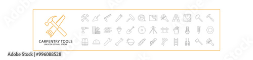Carpentry Tools Icon Set. Carpentry Tools Line Icons. Containing hammer, saw, circular saw, hacksaw, etc. Vector Illustration. Editable Stroke.