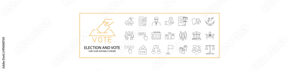 Election And Votes Icon Set. Election Votes Line Icons. Containing poll, voting, ballot, protest, candidate, polling, debate, meeting, government, etc. Vector Illustration. Editable Stroke.