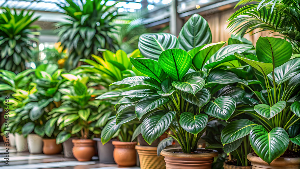 Fototapeta premium Exotic big leaf green indoor plants with unique foliage closeups for home decoration, exotic, big leaf, green, interior, home