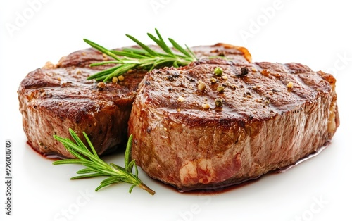 Cooked steaks with rosemary isolatedon white background. Cooked meat.