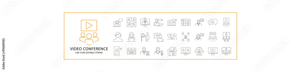 Video Conference Icon Set. Video Conference Line Icons. Containing virtual, conversation, meeting, zoom, digital, communication, seminar, etc. Vector Illustration. Editable Stroke. Video Conference Icon Set. Video Conference Line Icons. Containing virtual, conversation, meeting, zoom, digital, communication, seminar, etc. Vector Illustration. Editable Stroke.