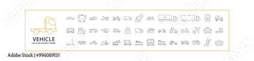 Vehicle Icon Set. Vehicle Line Icons. Containing  transport, car, bus, truck, van, taxi, collection, bike, scooter, outline, forklift, etc. Vector Illustration. Editable Stroke.