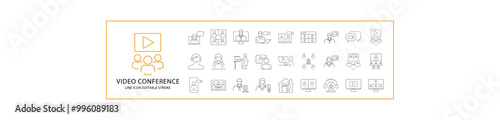 Video Conference Icon Set. Video Conference Line Icons. Containing virtual, conversation, meeting, zoom, digital, communication, seminar, etc. Vector Illustration. Editable Stroke.