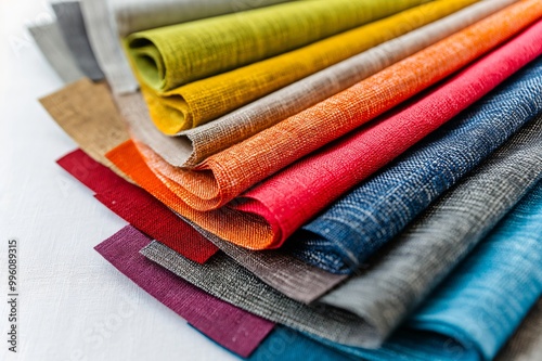 Closeup of a fabric swatch book showcasing a variety of colorful textile samples, perfect for an interior design project photo