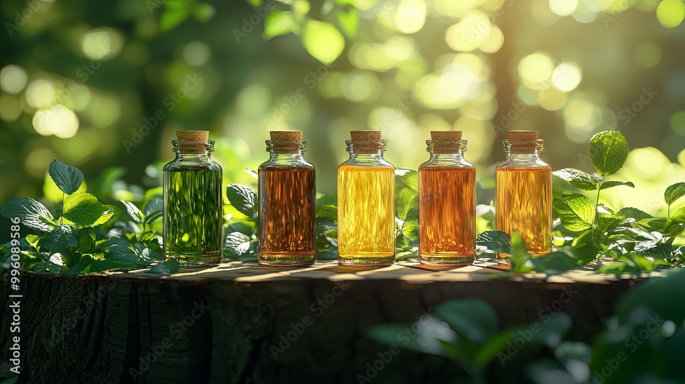 Bottles of essential oils on wooden surface in a forest Bottles of essential oils on wooden surface in a forest