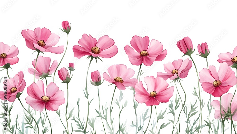 Beautiful pink cosmos flowers with a watercolor painting effect on a white background, Beautiful pink cosmos flowers with a watercolor painting effect on a white background,