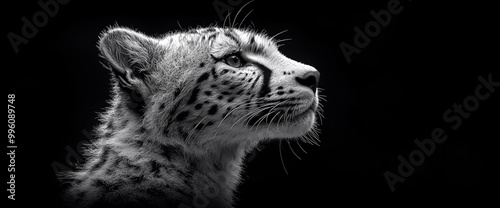 Gepard in profile on a dark background, high contrast, black and white photography
