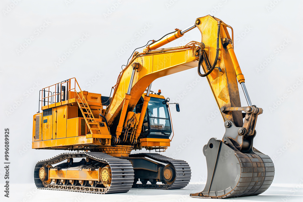 Large yellow mining excavator is standing in bright sunlight, ready to begin digging Large yellow mining excavator is standing in bright sunlight, ready to begin digging
