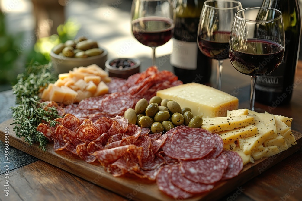 A delectable charcuterie board featuring an assortment of cured meats, cheese, olives, herbs, and glasses of red wine set against a rustic wooden table. A delectable charcuterie board featuring an assortment of cured meats, cheese, olives, herbs, and glasses of red wine set against a rustic wooden table.
