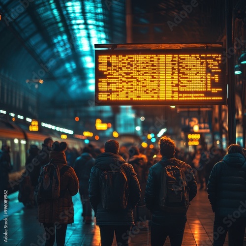 Crowd of people waiting at a train station platform under dim lighting.