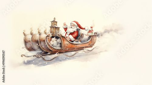 Watercolor of Santa Claus riding his sleigh on light gray background