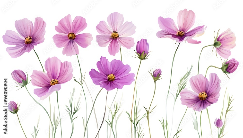 Beautiful pink cosmos flowers with a watercolor painting effect on a white background, Beautiful pink cosmos flowers with a watercolor painting effect on a white background,