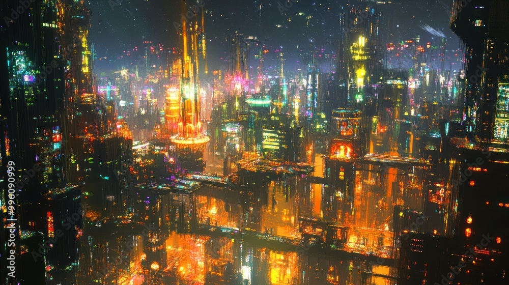 A Futuristic Cityscape with Illuminated Towers and Reflections A Futuristic Cityscape with Illuminated Towers and Reflections