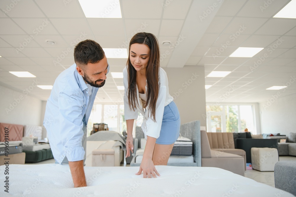 A married couple chooses a new bed for the bedroom and an orthopedic mattress in a furniture store A married couple chooses a new bed for the bedroom and an orthopedic mattress in a furniture store