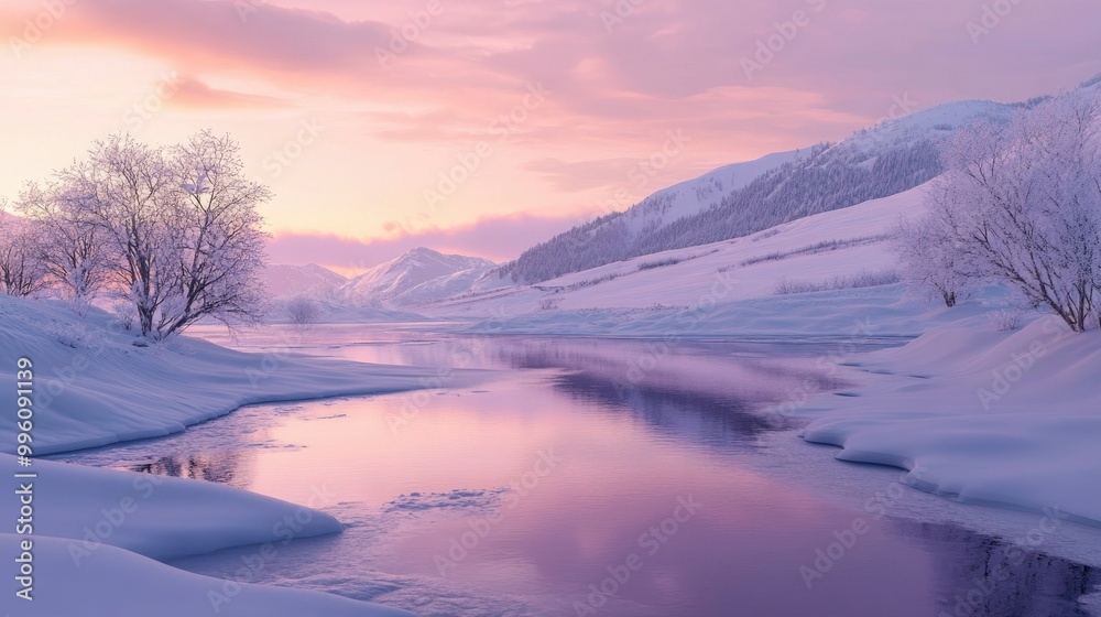 A serene winter scene of a snow-covered valley at dusk, with a soft pink and purple sky reflecting off the frozen landscape.