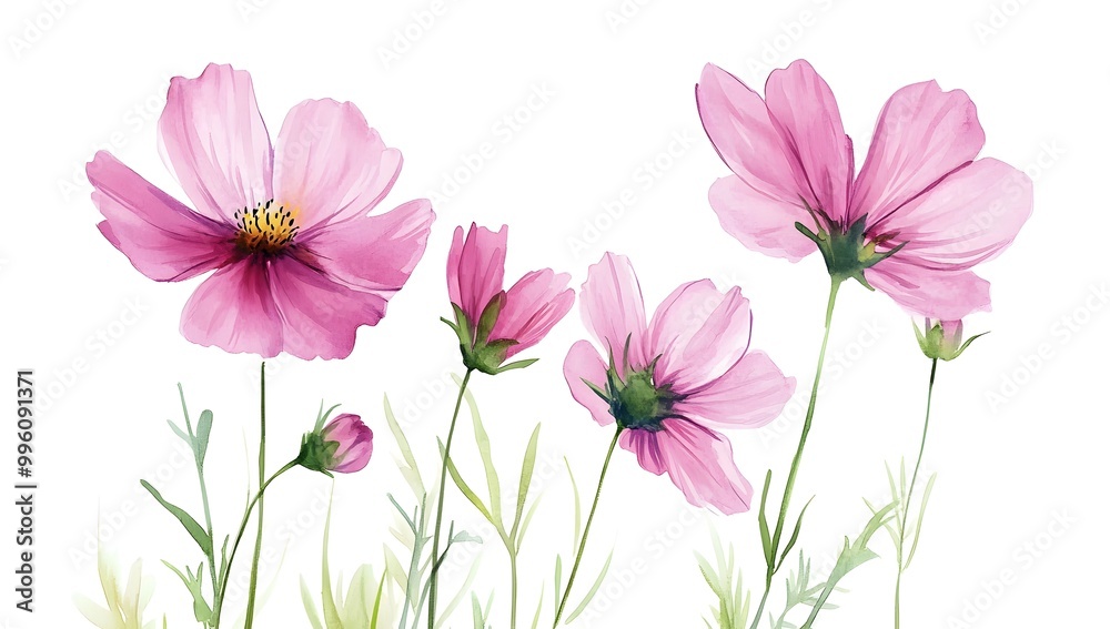 Beautiful pink cosmos flowers with a watercolor painting effect on a white background, Beautiful pink cosmos flowers with a watercolor painting effect on a white background,