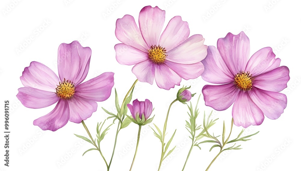Beautiful pink cosmos flowers with a watercolor painting effect on a white background, Beautiful pink cosmos flowers with a watercolor painting effect on a white background,