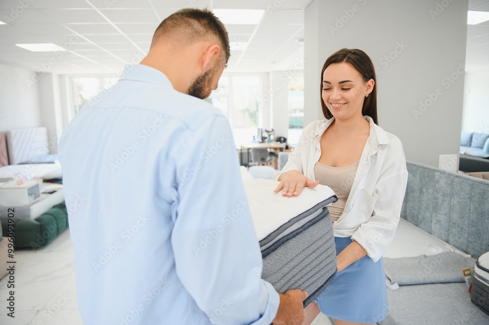 Obraz premium Woman with her husband at the furniture store showroom