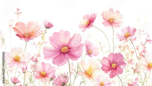 Beautiful pink cosmos flowers with a watercolor painting effect on a white background,