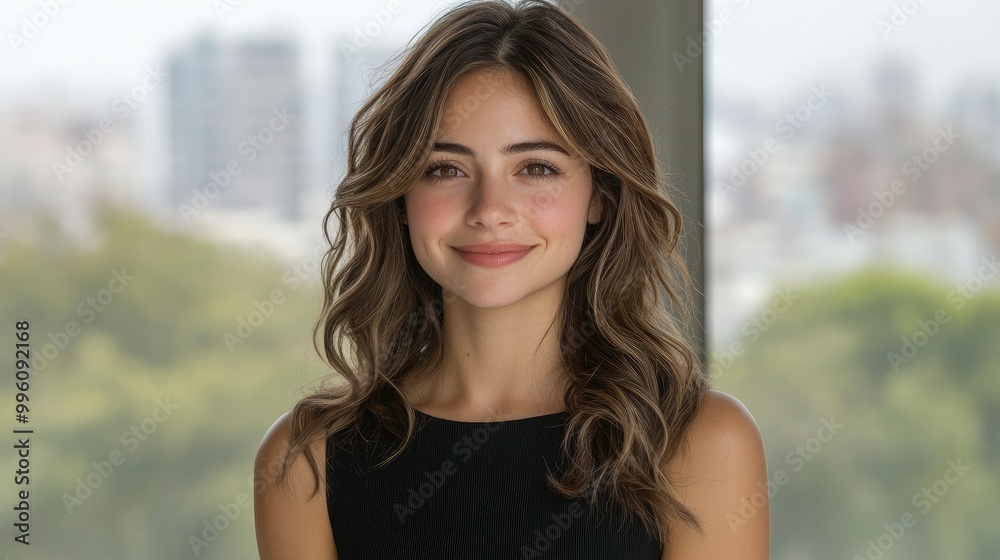Portrait of a beautiful young woman smiling with a city view in the background Portrait of a beautiful young woman smiling with a city view in the background