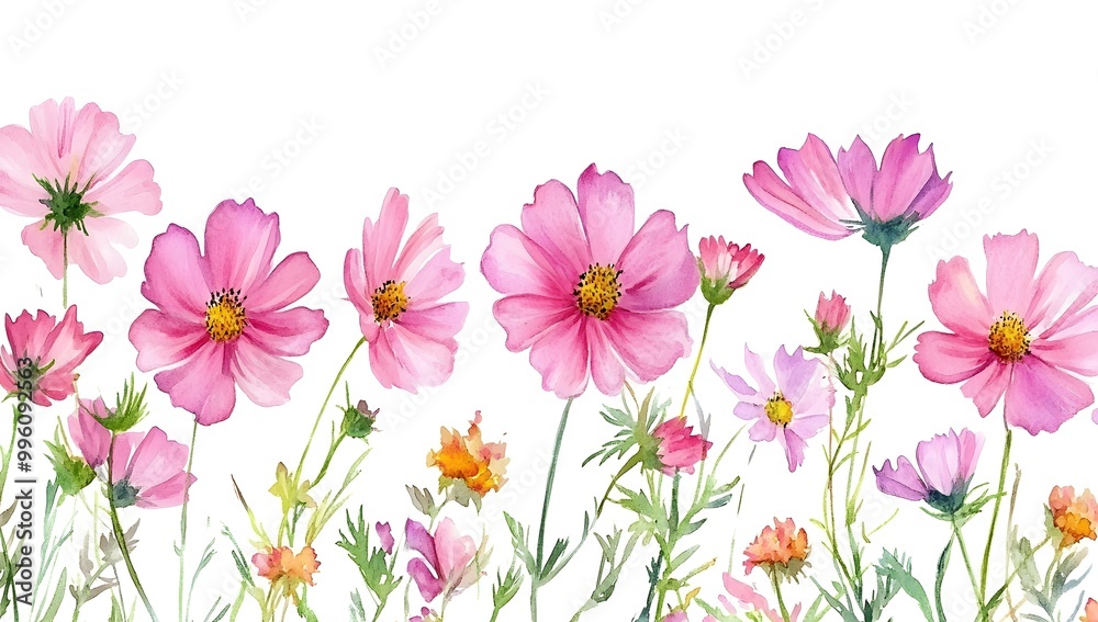 Fototapeta premium Beautiful pink cosmos flowers with a watercolor painting effect on a white background,
