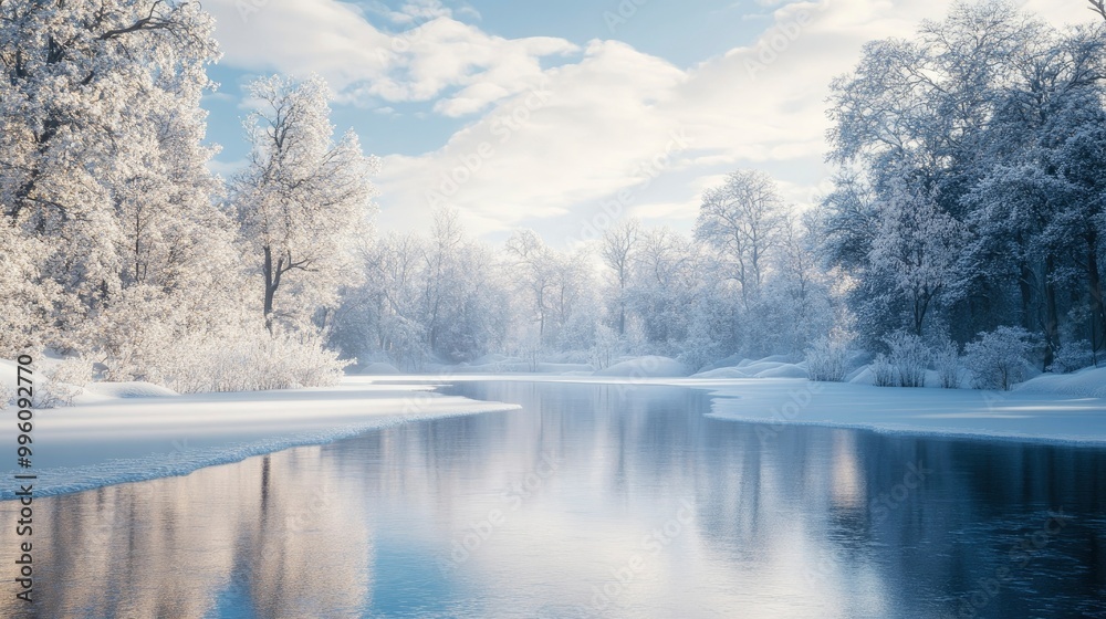 A serene winter scene with a frozen pond reflecting the surrounding snow-covered trees. A serene winter scene with a frozen pond reflecting the surrounding snow-covered trees.
