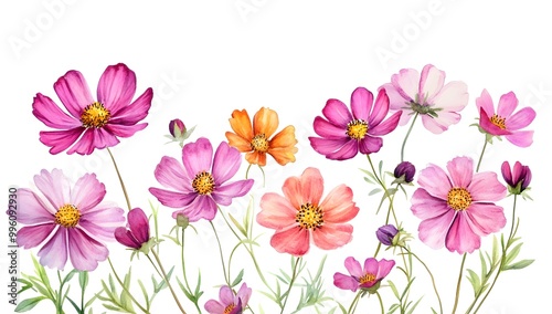 Beautiful pink cosmos flowers with a watercolor painting effect on a white background,