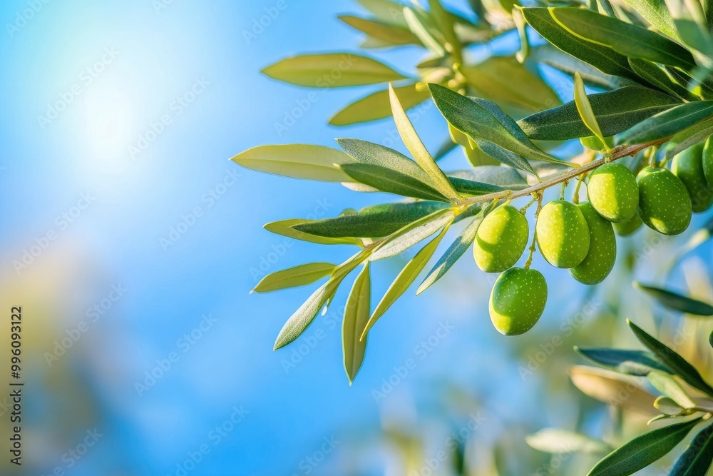 Olive tree branch, young green olives arranged in a row close-up on blurred foliage and blue sky background. Sunlit fruits and green leaves on a branch. with generative ai Olive tree branch, young green olives arranged in a row close-up on blurred foliage and blue sky background. Sunlit fruits and green leaves on a branch. with generative ai