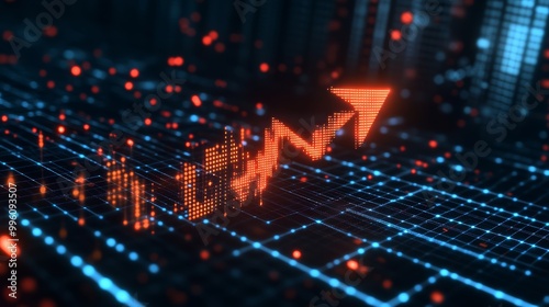 Interest rate symbol with a downward arrow breaking through a digital grid, tech background with copy space, interest decline, financial technology concept