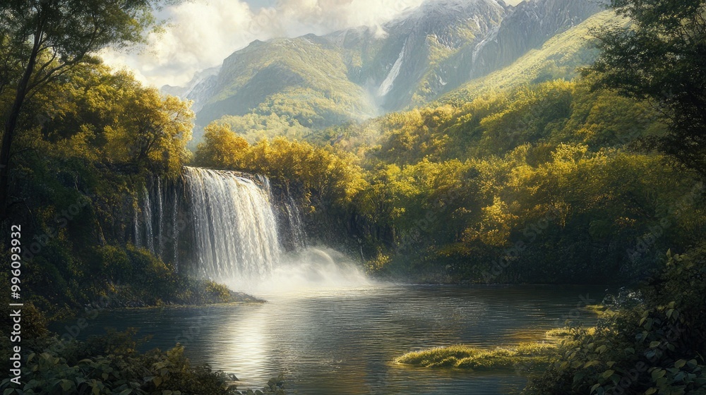 The beautiful Golden Falls nestled in a quiet Irish countryside, with water tumbling over the edge into a serene forested valley.