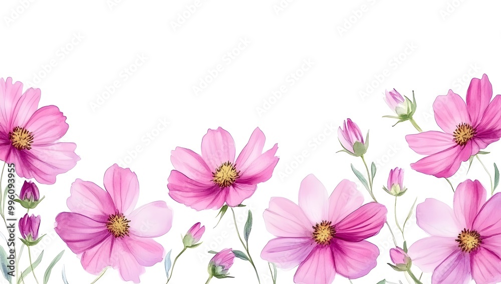 Beautiful pink cosmos flowers with a watercolor painting effect on a white background, Beautiful pink cosmos flowers with a watercolor painting effect on a white background,