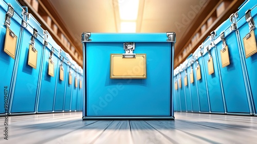 A vibrant blue storage box against a row of lockers  showcasing organization and storage solutions.
