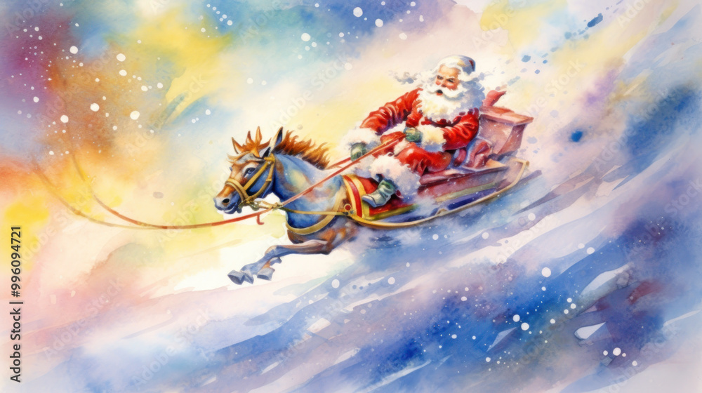 Watercolor of Santa Claus riding his sleigh on colorful background Watercolor of Santa Claus riding his sleigh on colorful background