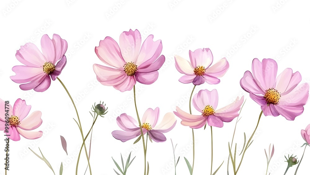 Beautiful pink cosmos flowers with a watercolor painting effect on a white background, Beautiful pink cosmos flowers with a watercolor painting effect on a white background,