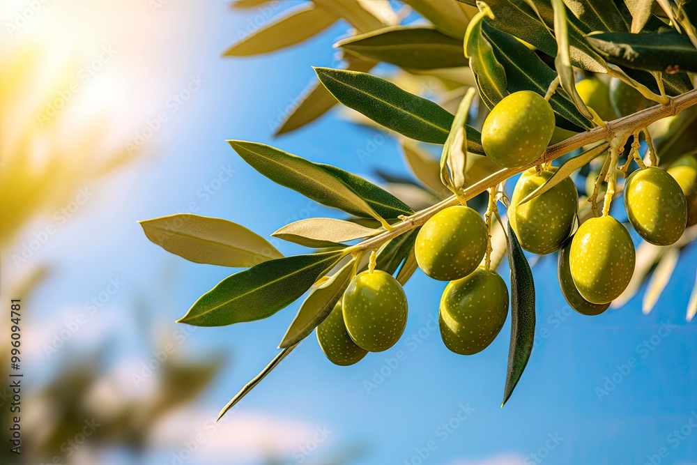 Olive tree branch, young green olives arranged in a row close-up on blurred foliage and blue sky background. Sunlit fruits and green leaves on a branch. with generative ai Olive tree branch, young green olives arranged in a row close-up on blurred foliage and blue sky background. Sunlit fruits and green leaves on a branch. with generative ai
