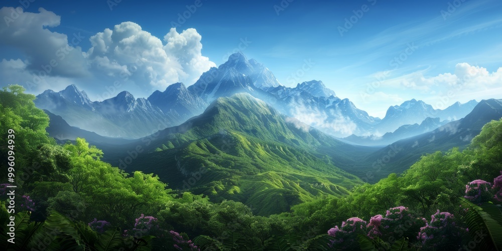 Obraz premium Majestic mountain landscape with lush greenery and clear skies during the day in a serene environment