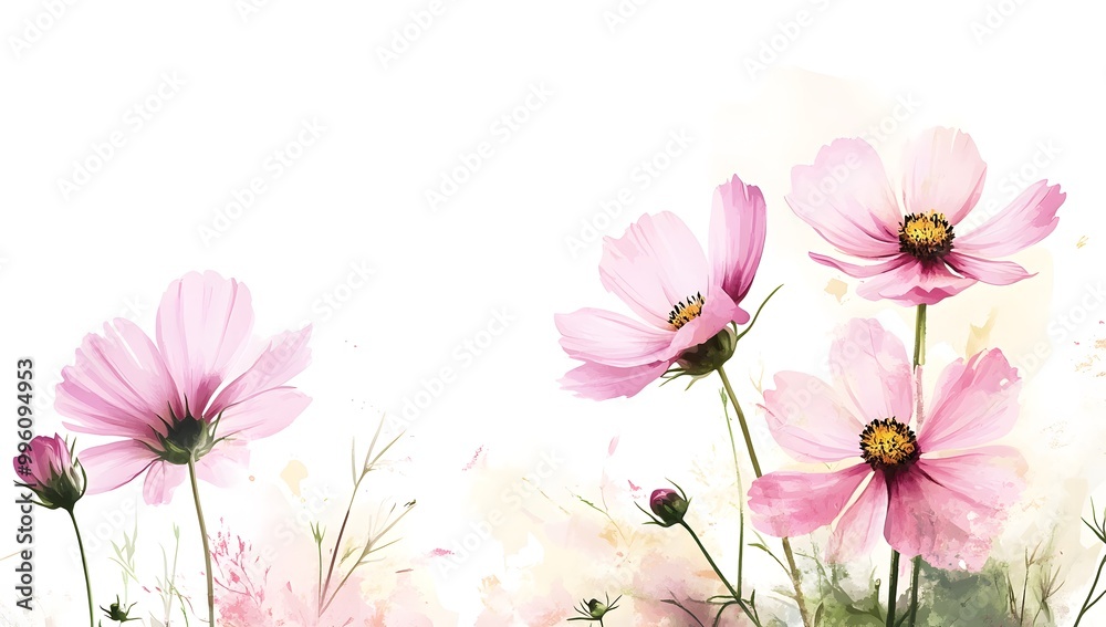 Beautiful pink cosmos flowers with a watercolor painting effect on a white background, Beautiful pink cosmos flowers with a watercolor painting effect on a white background,