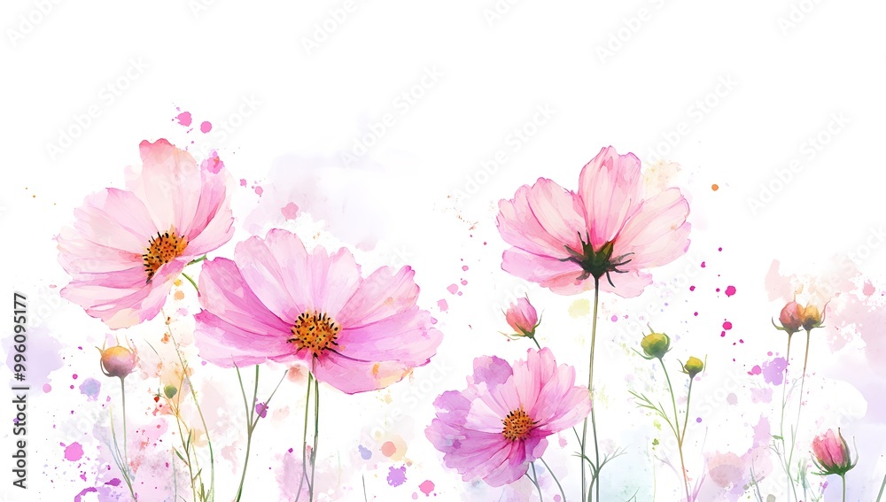 Beautiful pink cosmos flowers with a watercolor painting effect on a white background, Beautiful pink cosmos flowers with a watercolor painting effect on a white background,