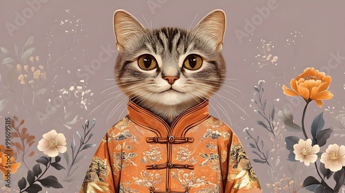 Charming Feline in Ornate Chinese-Inspired Suit Against Lavender Backdrop photo