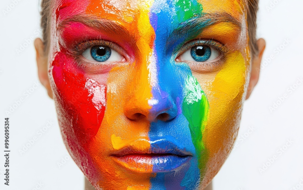 face in rainbow paint isolated on white background face in rainbow paint isolated on white background