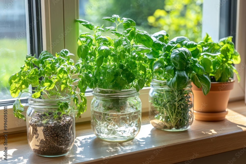 Fresh Herbs Growing in Jars on a Windowsill Fresh Herbs Growing in Jars on a Windowsill