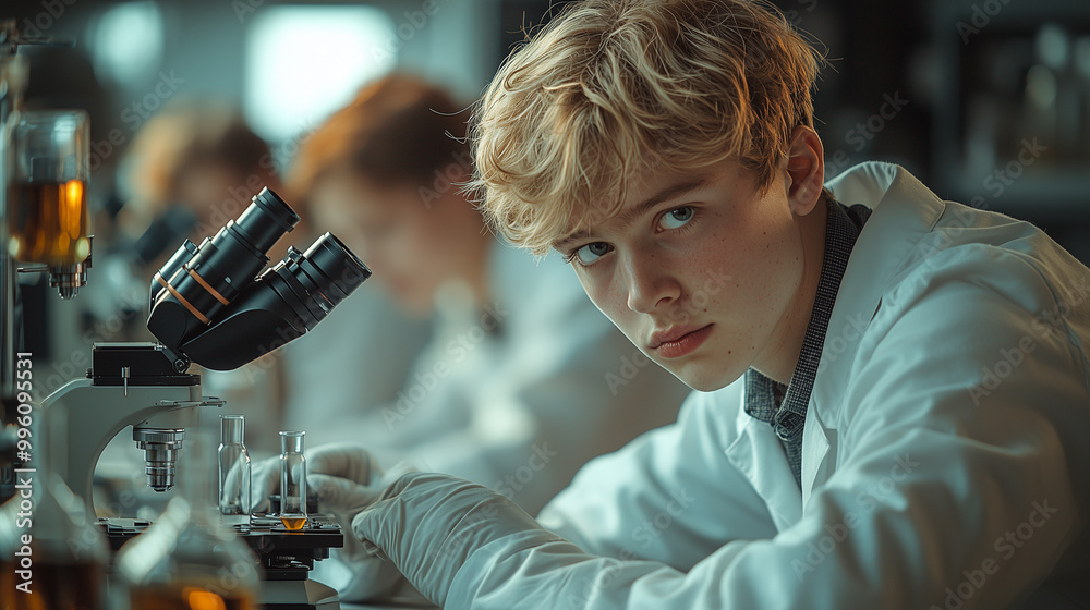 Group of young scientists in white coats study something under a microscope. In the background, there is an office with laboratory equipment and glass flasks on a desk Group of young scientists in white coats study something under a microscope. In the background, there is an office with laboratory equipment and glass flasks on a desk