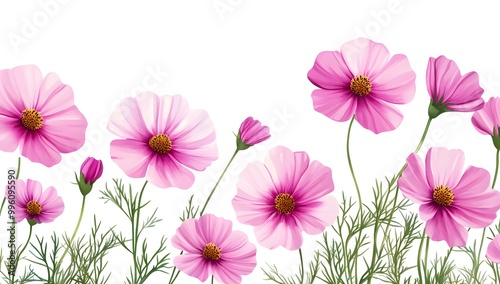 Beautiful pink cosmos flowers with a watercolor painting effect on a white background,